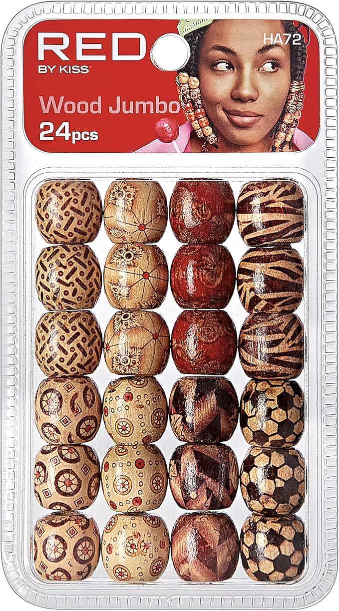 Red by Kiss Hair Beads Wooden Jumbo Pattern 24pc HA72