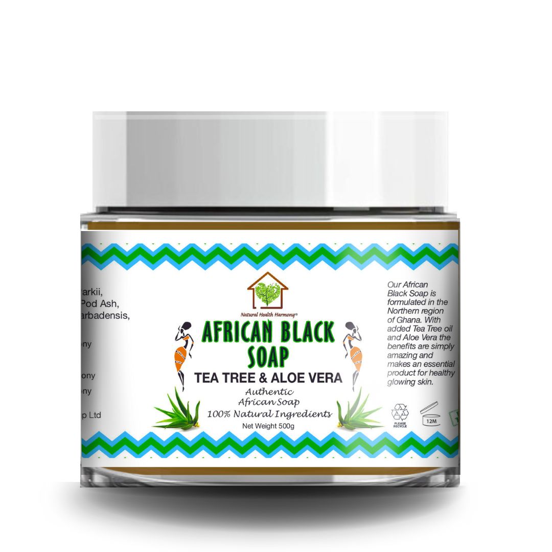 Natural Health Harmony African Black Soap Tub - Tea Tree Aloe Vera 500g